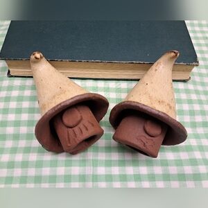 Rustic Handcrafted Brown and Tan Clay Pair Of Gnome Figurines